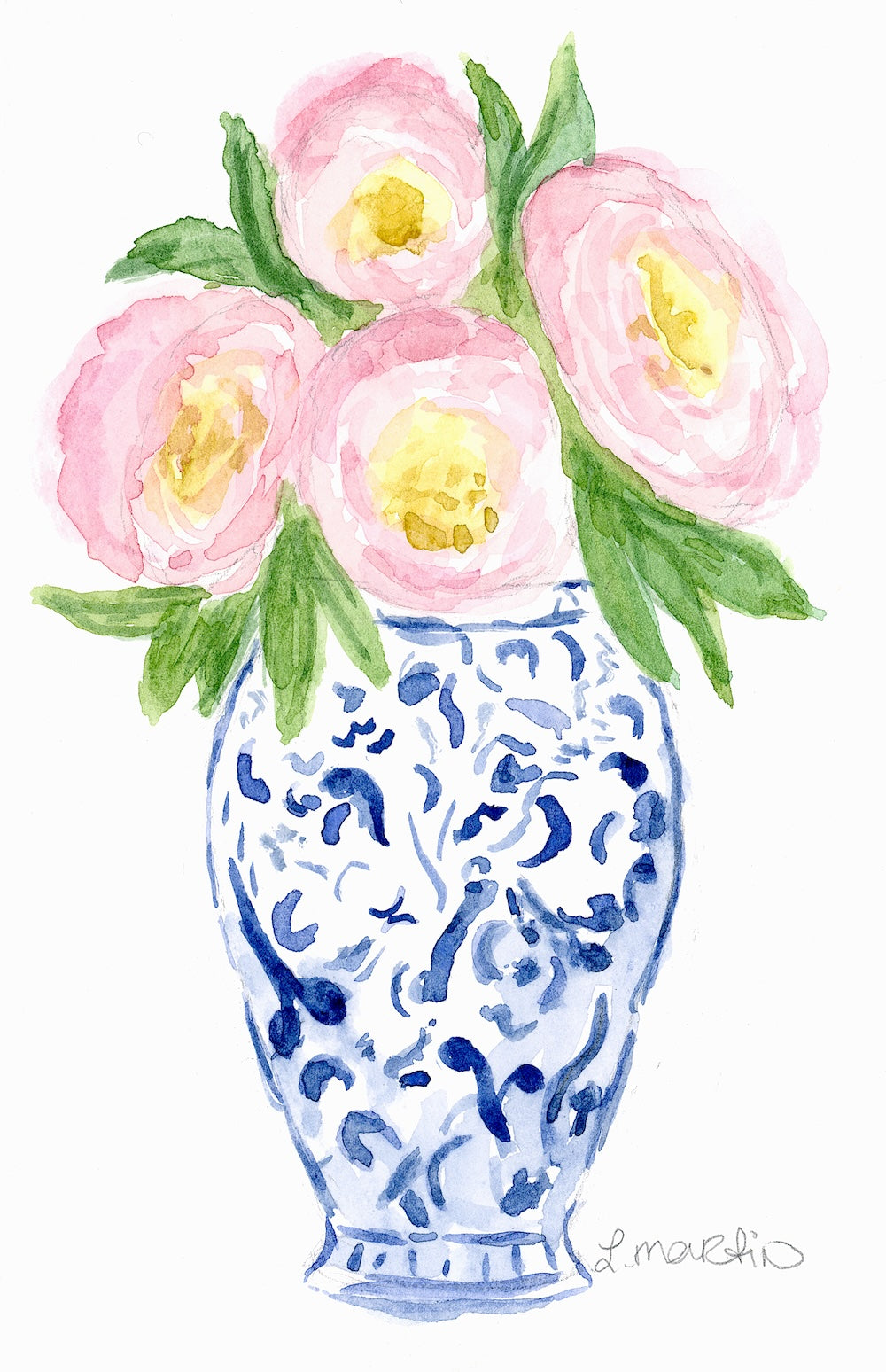pink peonies with blue and white vase