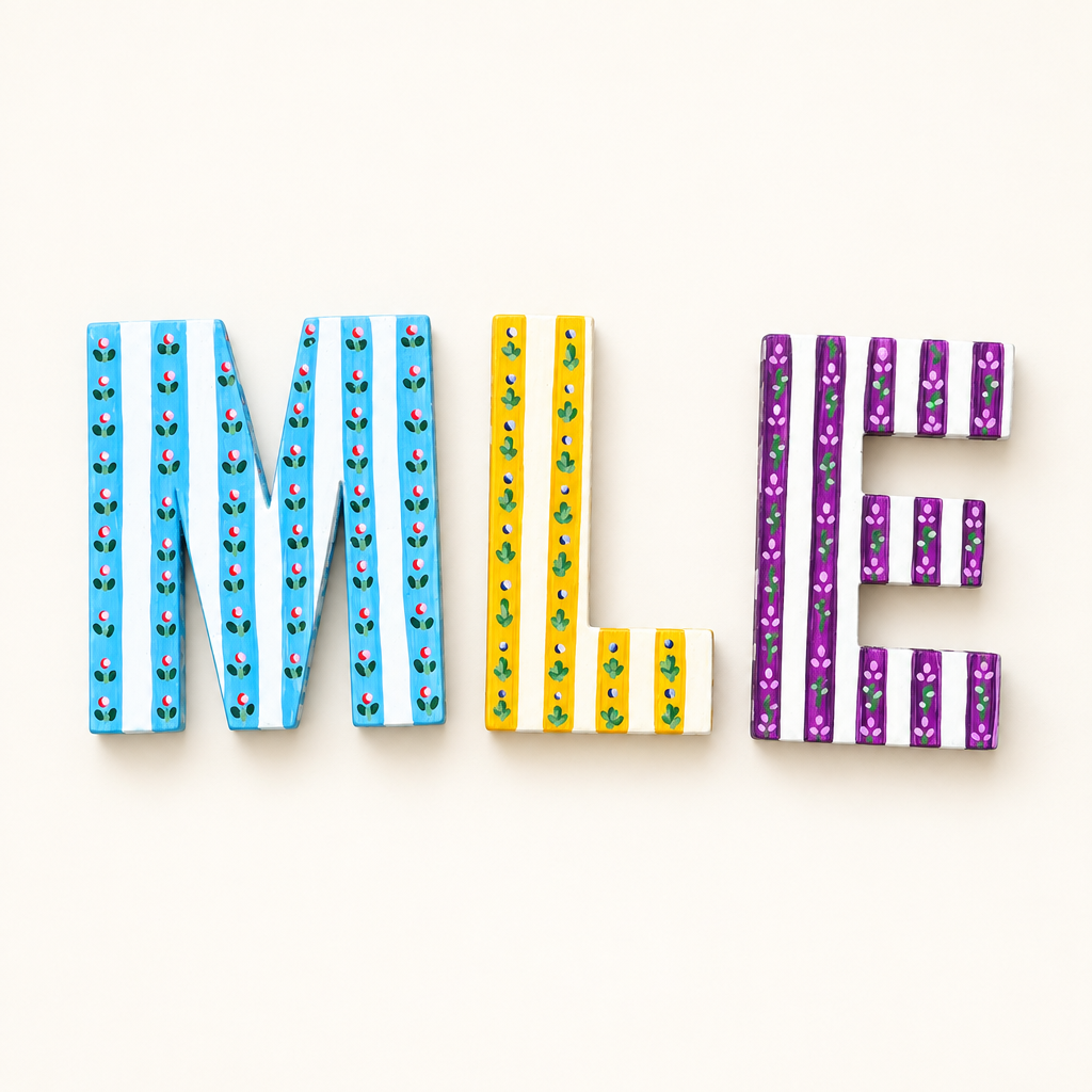 Handpainted letters M L E with a simple background