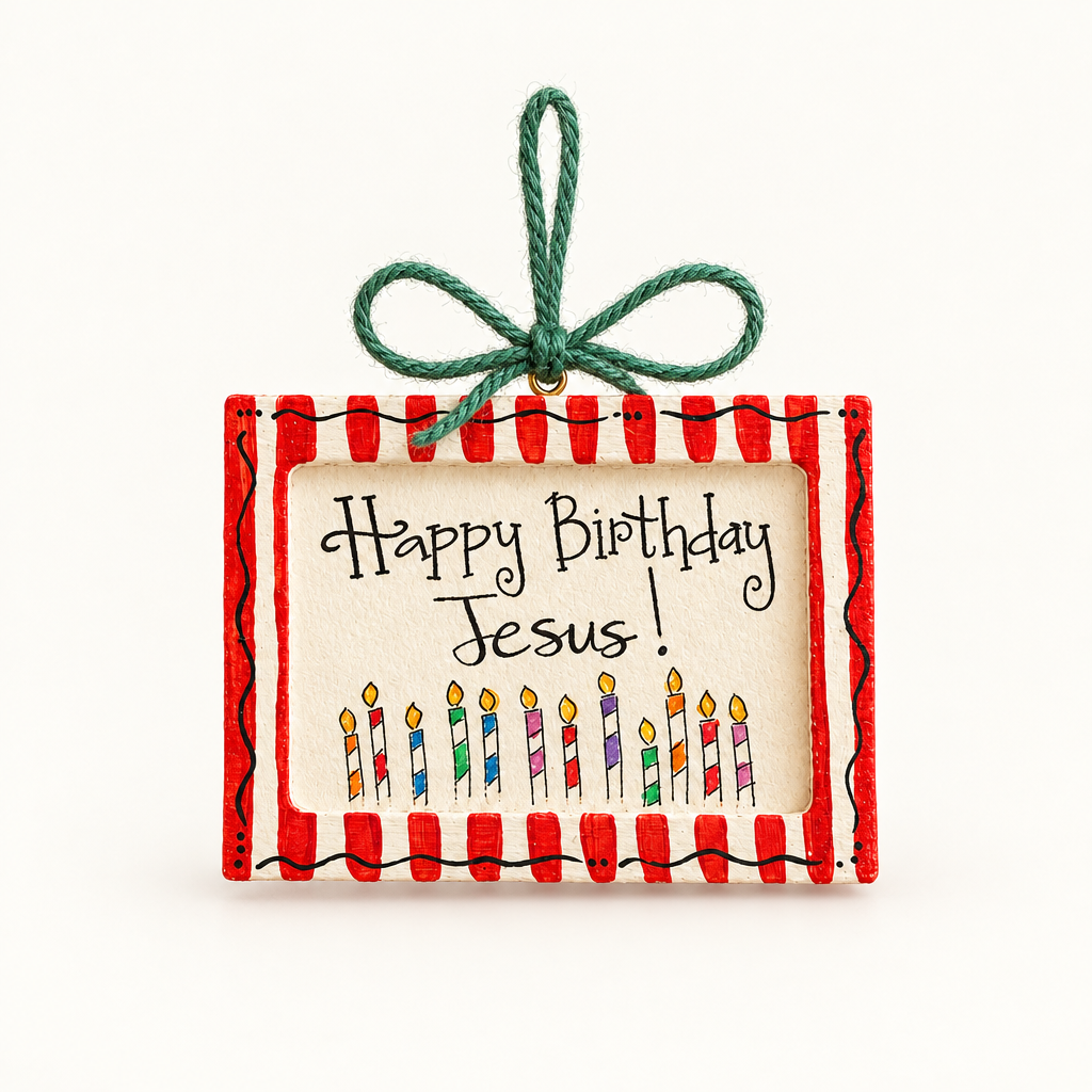 Happy Birthday Jesus ornament on a warm-white background