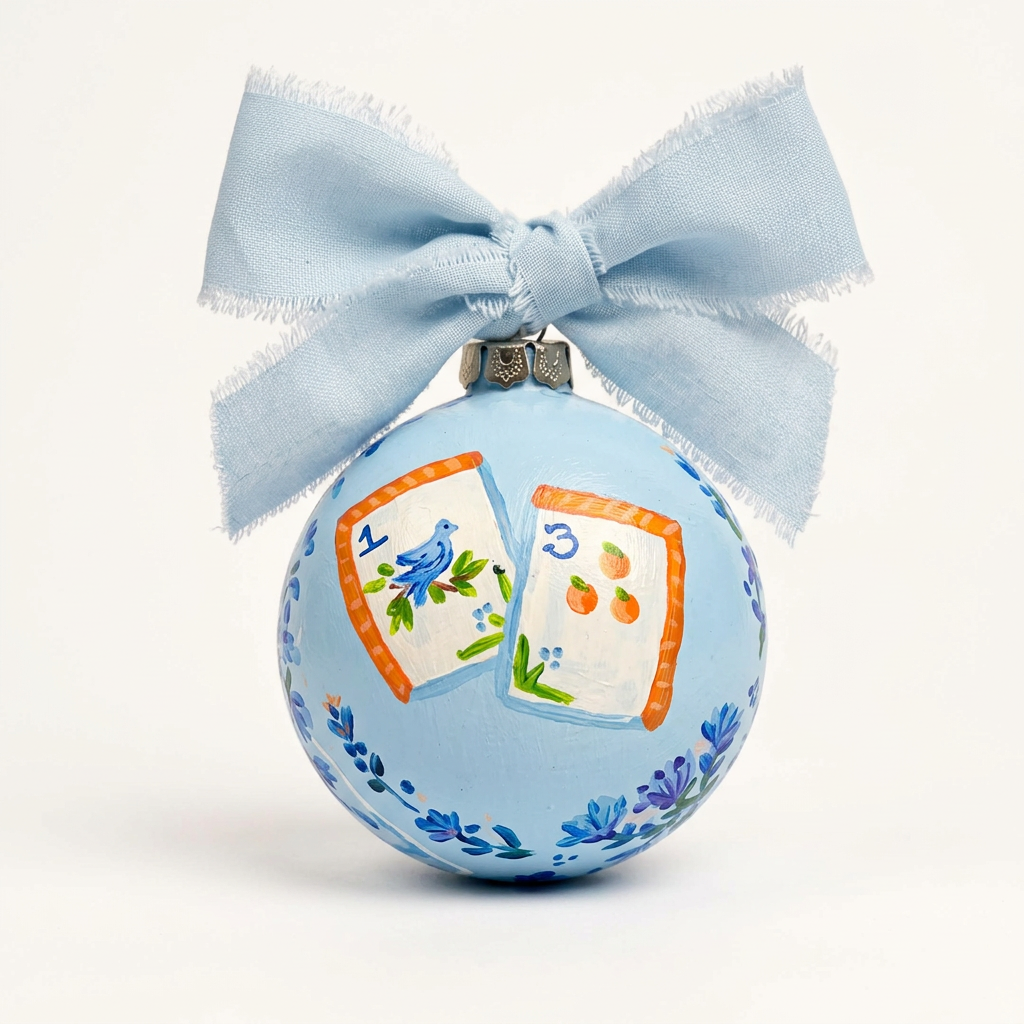 Hand-painted blue floral mahjong ornament with pale blue bow on white