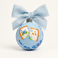 Hand-painted blue floral mahjong ornament with pale blue bow on white