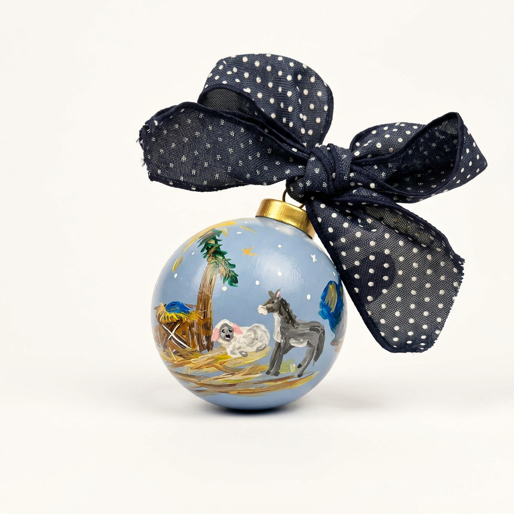 Hand-painted Nativity ornament with donkey and sheep on white