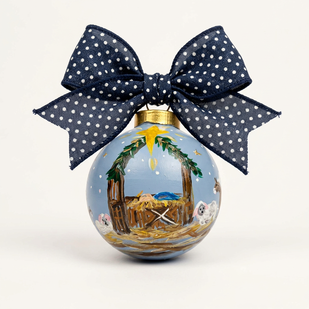 Hand-painted Nativity ornament with dotted bow, front view on white