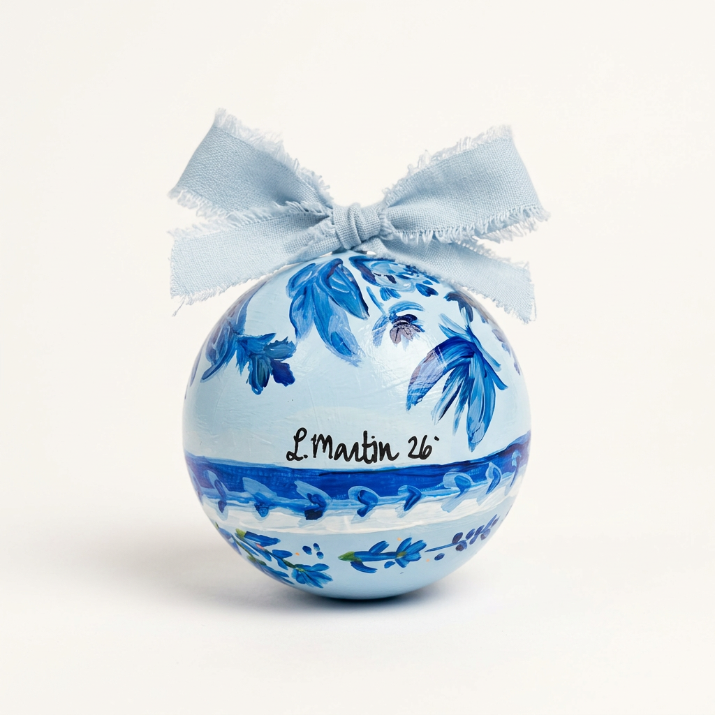 Artist-signed underside of blue floral mahjong ornament