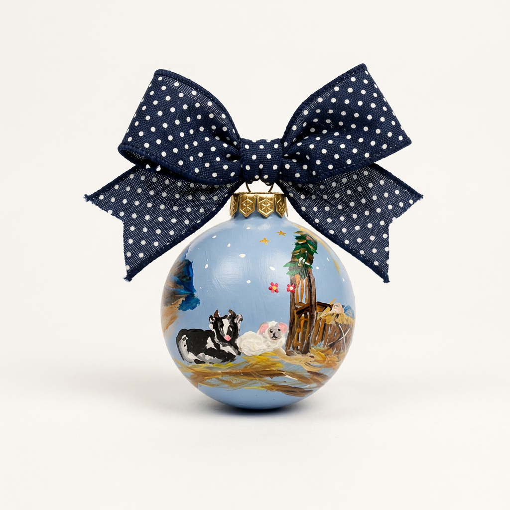 Hand-painted Nativity ornament with cow and sheep on white